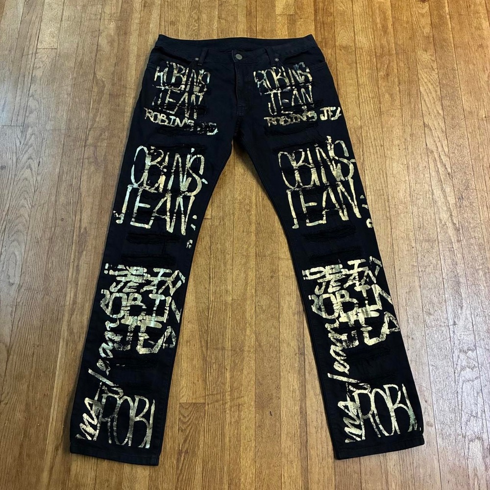 Robins Jean Destroyer All Over Print Black Gold Distressed Jeans Mens 34x34